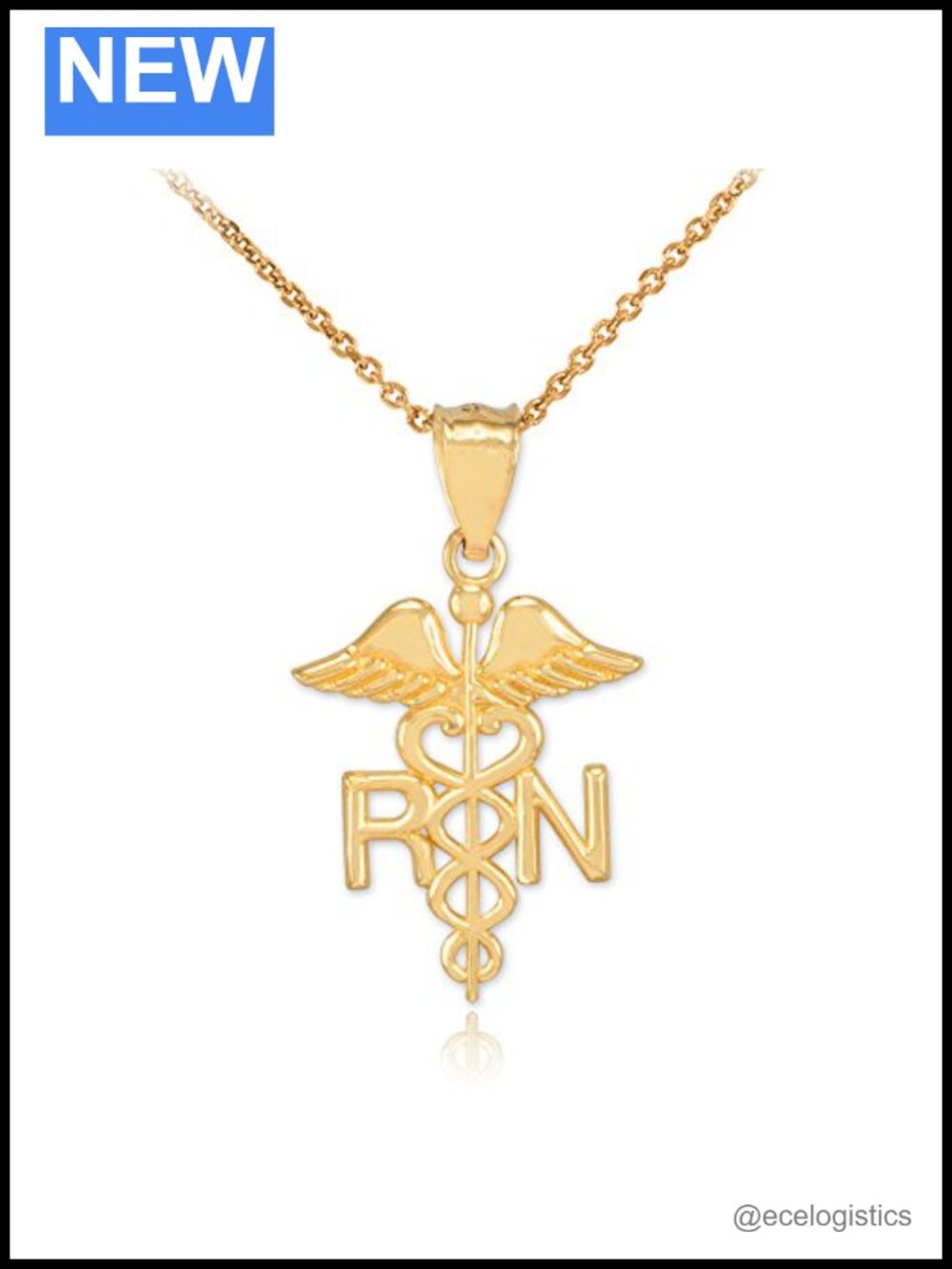 10k Yellow Gold RN Caduceus Charm Pendant Necklace